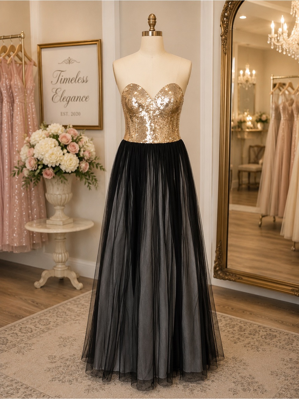 Stunning Gold Sequin Sweetheart Bodice Evening Gown, Size Medium
